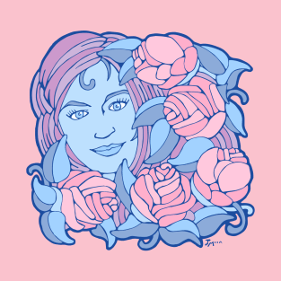 Beautiful Woman with Five Pink Pastel Roses T-Shirt