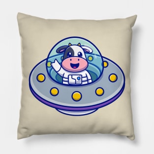 Cute Cow Astronaut in UFO Cartoon Pillow