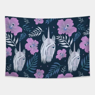 Unicorn Pink Hibiscus Flower Leaves Tropical Pattern Tapestry