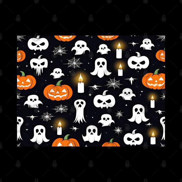 Halloween Seamless Pattern with Pumpkins, Ghosts, Candles, and Spider Webs by Thewondercabinet28