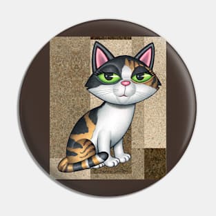 Fun Calico Kitty Cat on tan, brownish background shapes Pin