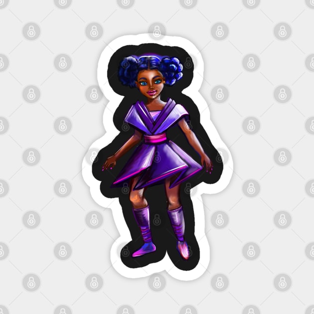 Anime girl with two puffs. Back lit. Black afro anime girl in purple from outer space ! beautiful  black girl with Braided hair, blue eyes, Cherry pink lips and dark brown skin. Hair love ! Magnet by Artonmytee