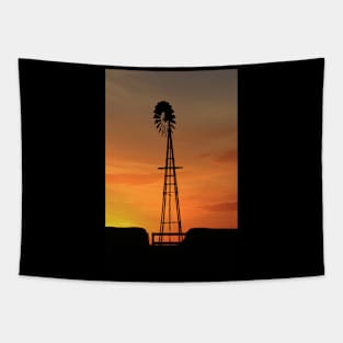 Blazing Kansas sky at Sunset with a Windmill silhouette Tapestry