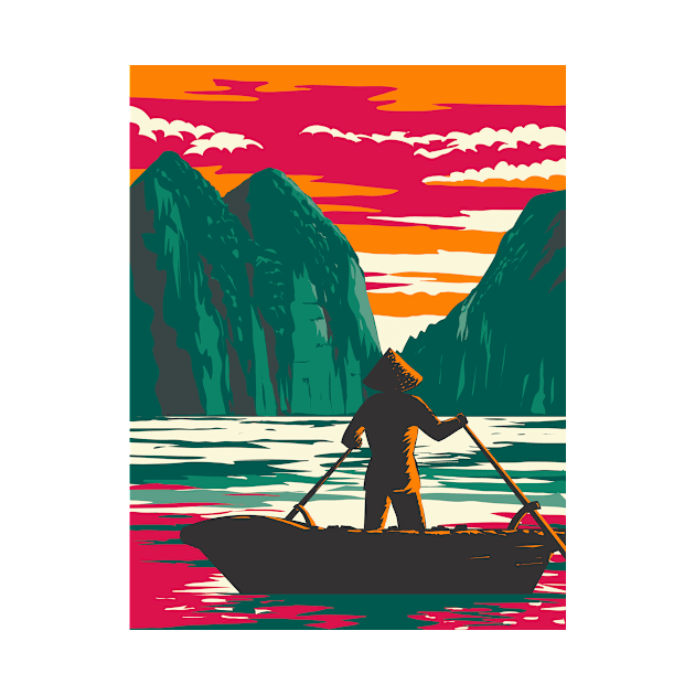 Ha Long Bay or Halong Bay with Boat Vendor Vietnam WPA Art Deco Poster by patrimonio