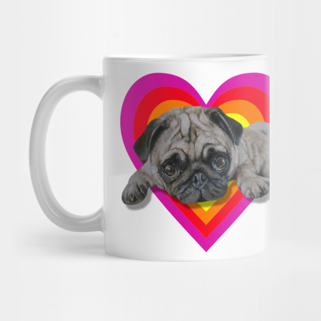 Adorable realistic pug painting on a digital vibrant heart - Pug - Mug