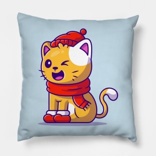 Cute Cat Winter Wearing Hat, Scarf And Shoes Cartoon Pillow