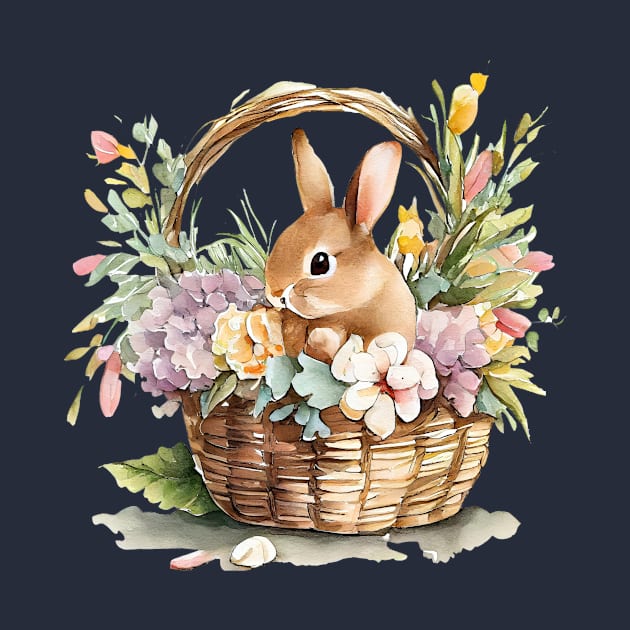Bunny in basket with flowers by DreamLoudArt