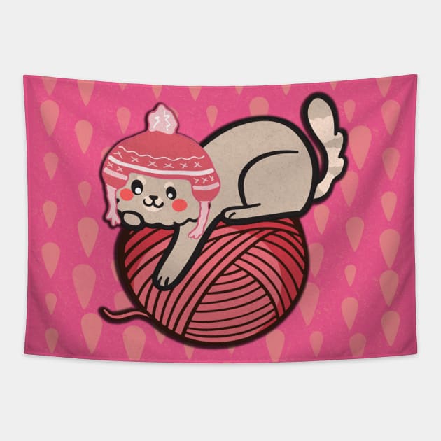 Cat kitten funny with wool ball in pink Tapestry by KK-Royal