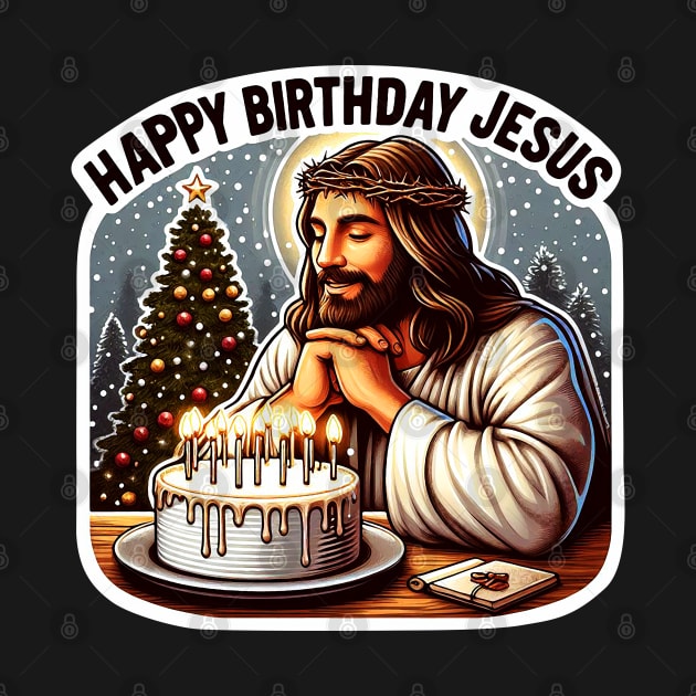 Happy Birthday Jesus Make A Wish Birthday Cake Christmas Trees Snowing by Plushism
