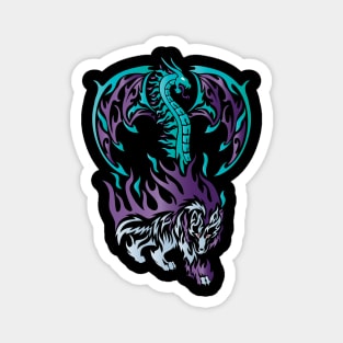 Tribal / Tattoo Art Style Ice Dragon and Grey Wolf Magnet