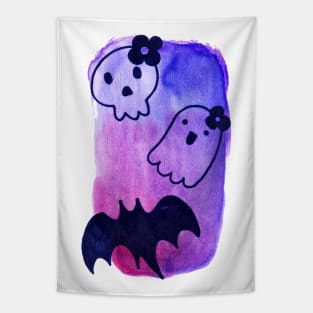 Skull Ghost and Bat Watercolor Tapestry