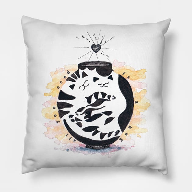 Hugging Cats Moon Jar Pottery Pillow by bittergodart