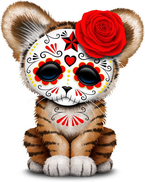 Red Day of the Dead Sugar Skull Tiger Cub Kids T-Shirt by jeffbartels