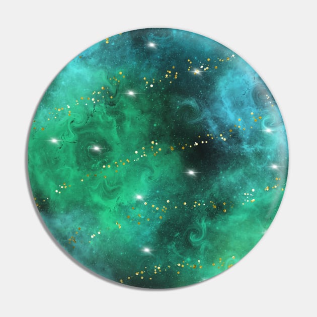 Trendy Green Blue Teal Gold Galaxy Pattern Pin by jodotodesign