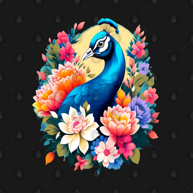 A Cute Peacock Surrounded by Bold Vibrant Spring Flowers by BirdsnStuff