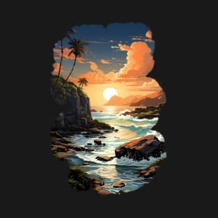 Vintage Sunset Serenity - Coastal Cliff and Palm Trees T-Shirt