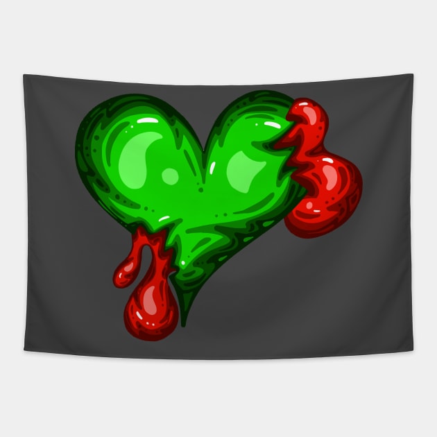 Green Dead Zombie Heart Cartoon Illustration with Blood and for Valentines Day or Halloween Tapestry by Squeeb Creative