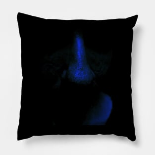 Portrait, digital collage and special processing. Close up to face, nose. Weird and dark. Very dim, blue. Pillow