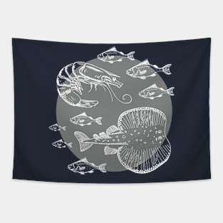 Sea Fishes - Hand Drawn - Grey Tapestry