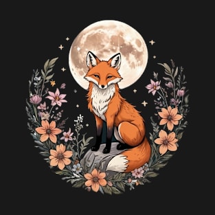 Witchy Moon Cottagecore Floral Fox Aesthetic Art T-Shirt