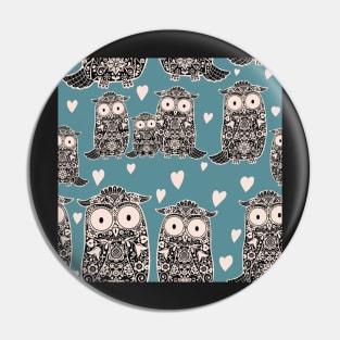 Folk Art Owls, Owlets and Hearts  Pattern on Teal Pin