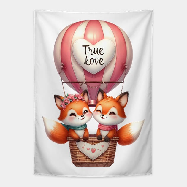 Valentine Fox Couple On Hot Air Balloon Tapestry by Chromatic Fusion Studio