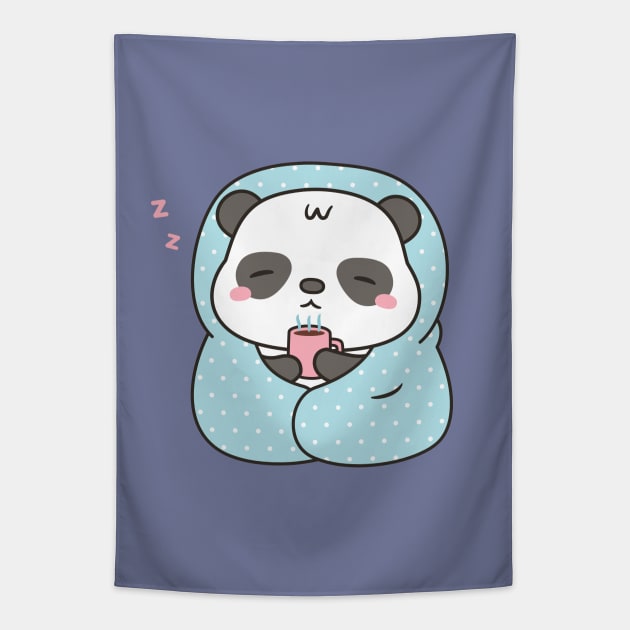 Cute Sleepy Panda With Coffee and Blanket Tapestry by rustydoodle