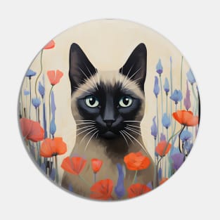 Feline Garden Delight: Retro Vintage Siamese Cat Florals Pin