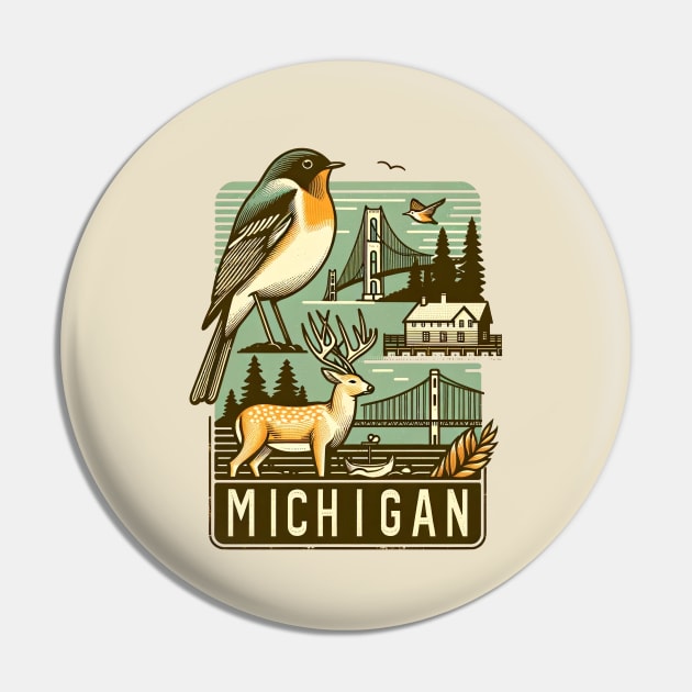 Michigan's Vintage Line Art - Nature and Landmarks Pin by Retro Travel Design