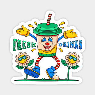 Retro cartoon Fresh drink, cup drink dancing in the garden with flowers Magnet