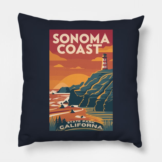 A Vintage Travel Art of the Sonoma Coast State Park - California - US Pillow by goodoldvintage