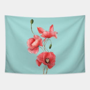 Red Poppy Flowers Watercolor Painting Tapestry