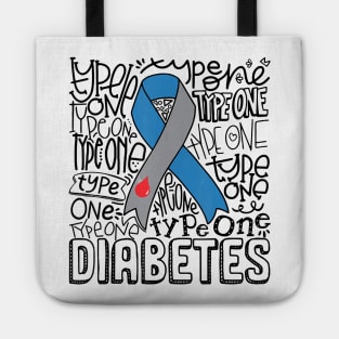 Diabetes awareness Grey Blue Ribbon Typography Type 1 Diabetes Gift Tote