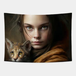 Little girl and kitten Tapestry