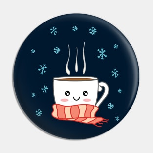 Cute smiling winter coffee with scarf and snowflakes Pin