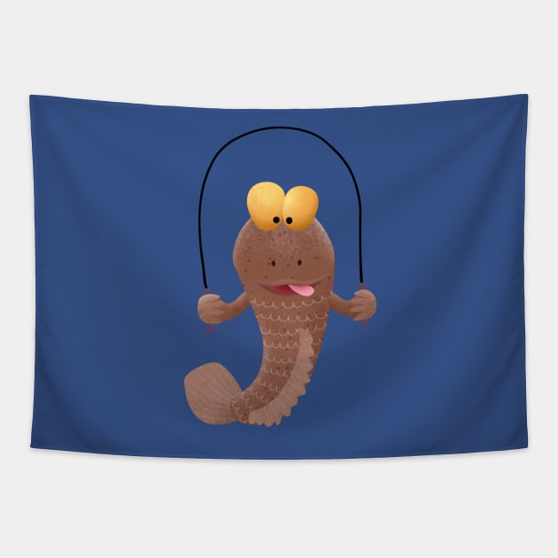 Funny skipping mudskipper fish cartoon Tapestry by FrogFactory