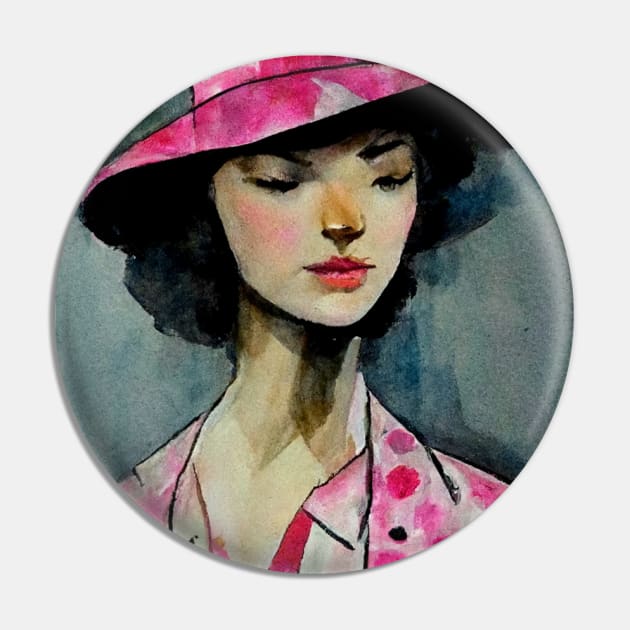 Pink 1960's Fashion Model Watercolor Pin by Moon Art