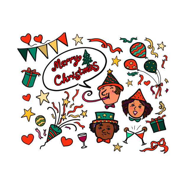 Illustration drawing of a group diversity people celebrate Merry Christmas party together by Nalidsa