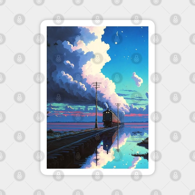 Retro Anime Style Night View Old Japanese Train Magnet by KaPrints