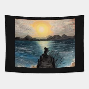 Ocean Sunset Painting Original Art Girl on Dock Nature Beach Gifts Tapestry