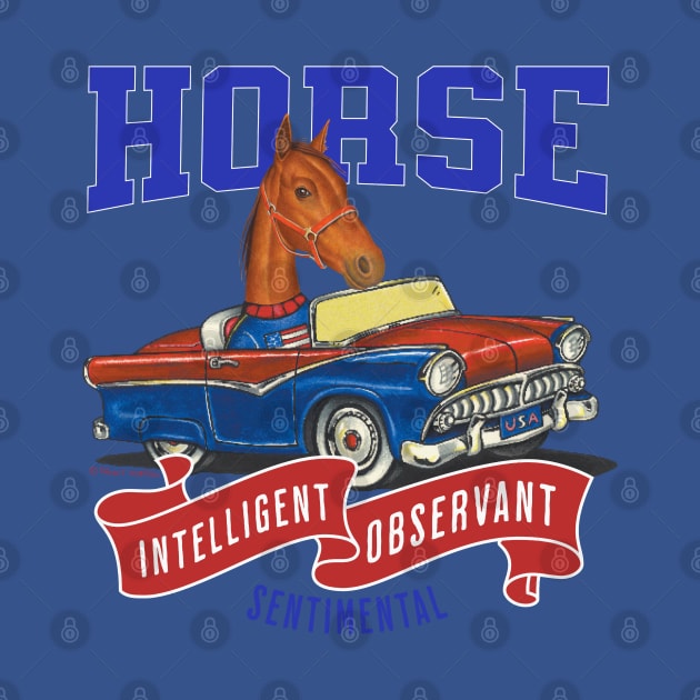Humor funny and cute Horse driving a classic car to a retro parade with red white and blue flags by Danny Gordon Art