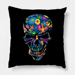 Colorful Hippie Trippy Flowers Skull Pillow