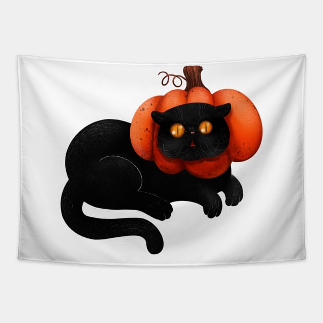 Halloween black cat with pumpkin Tapestry by cloudymoon
