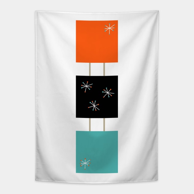 Orange Blue Black Stacked Squares Retro Starburst Tapestry by OrchardBerry