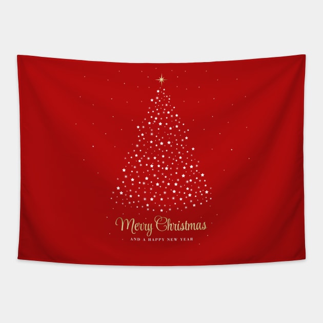 Merry Christmas and a Happy New Year. Minimalistic Christmas tree illustration. High quality Christmas red white and gold starry illustration in minimalist style. Tapestry by ChrisiMM