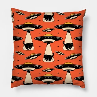 Aliens and Black Cat Pattern in orange Pillow