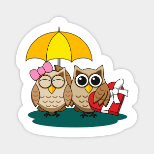 Cute Owl Lovers with Umbrella and Red Chocolate Box Magnet