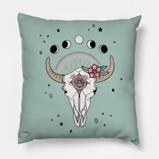 Boho Tribal Cow Skull with Flowers - dusty mint green Pillow