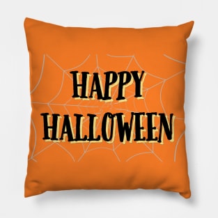 Happy Halloween Spider Web with Black Lettering on Orange Background Pillow