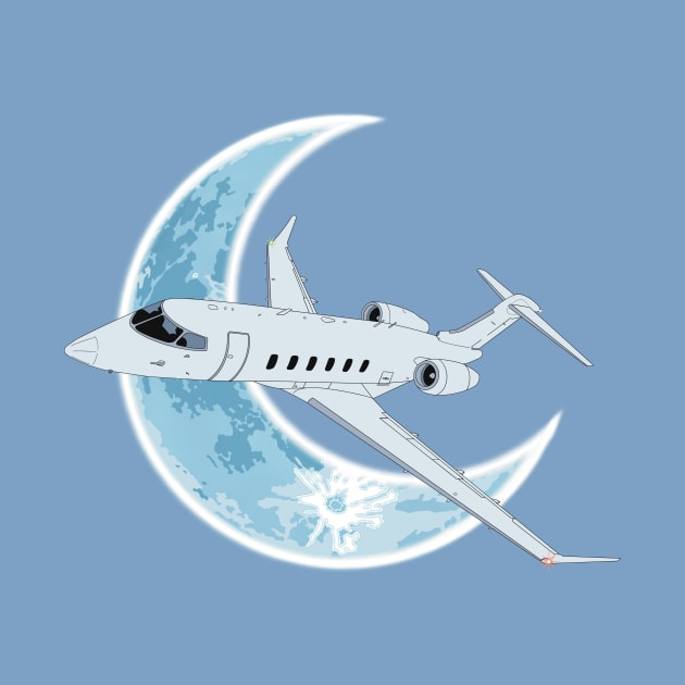 Bombardier Challenger 350 Jet Crescent Moon Night Flight by Kassi Skye